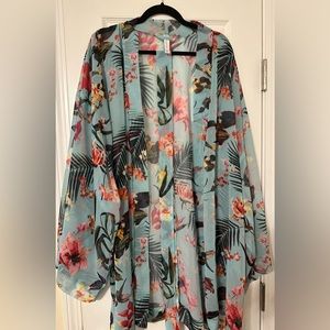CACIQUE Light Blue Hawaiian Print Tropical Print Sheer Swim Cover Up Robe Kimono